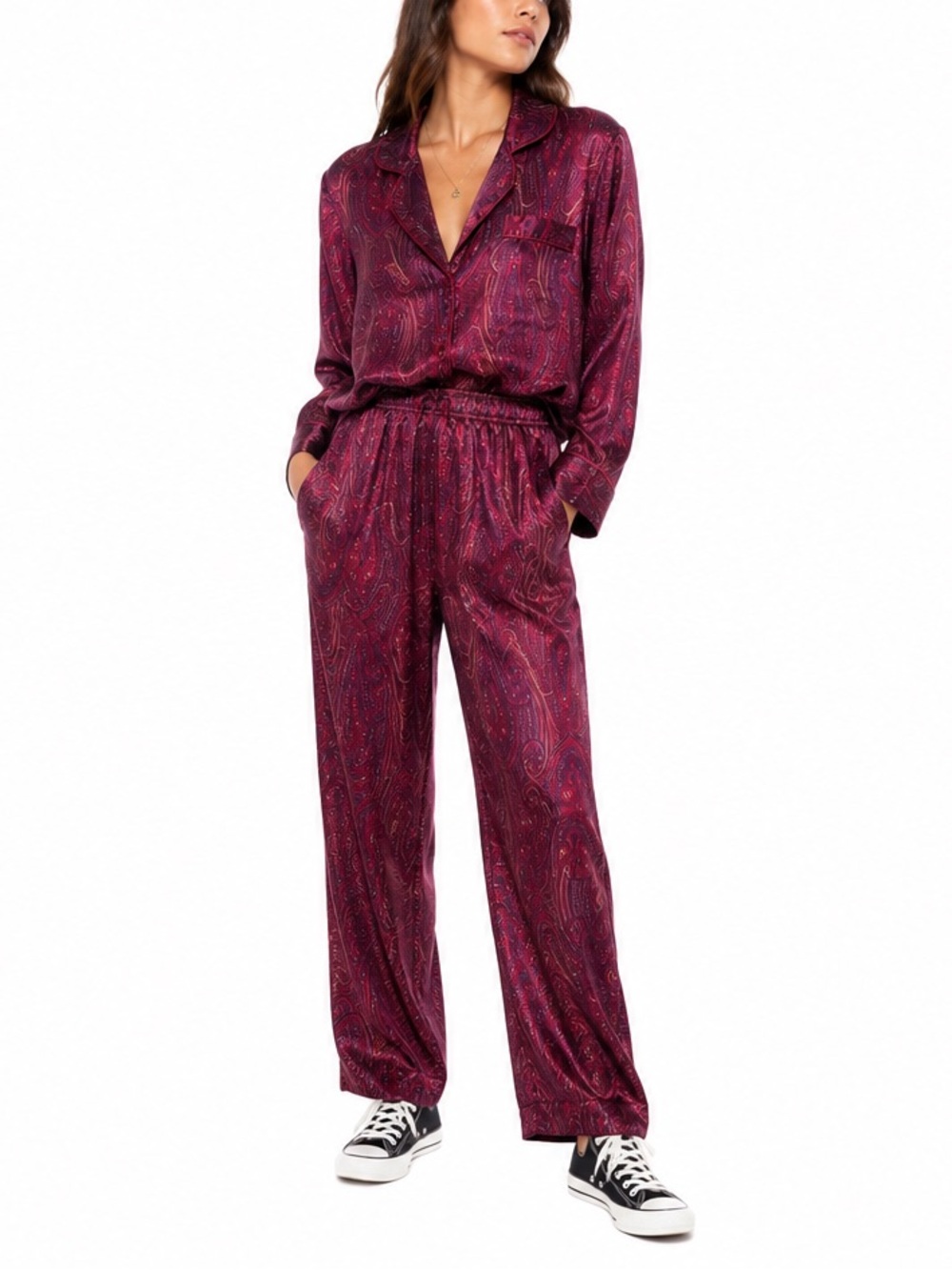 Vintage Versailles Paisley Satin Pajama Set Burgundy Lounge Sleepwear LG